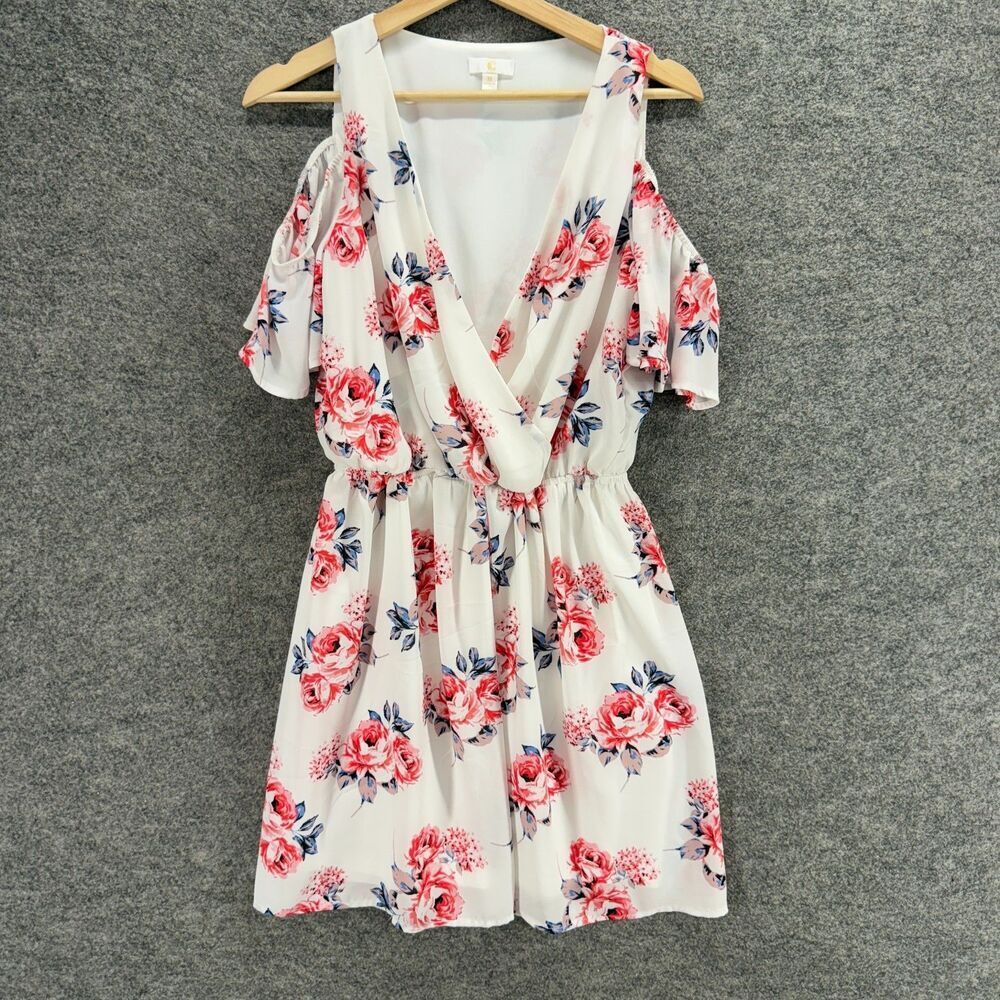 C Dress Women M Medium White Floral Sheath Midi V-Neck Cold Shoulder Lined